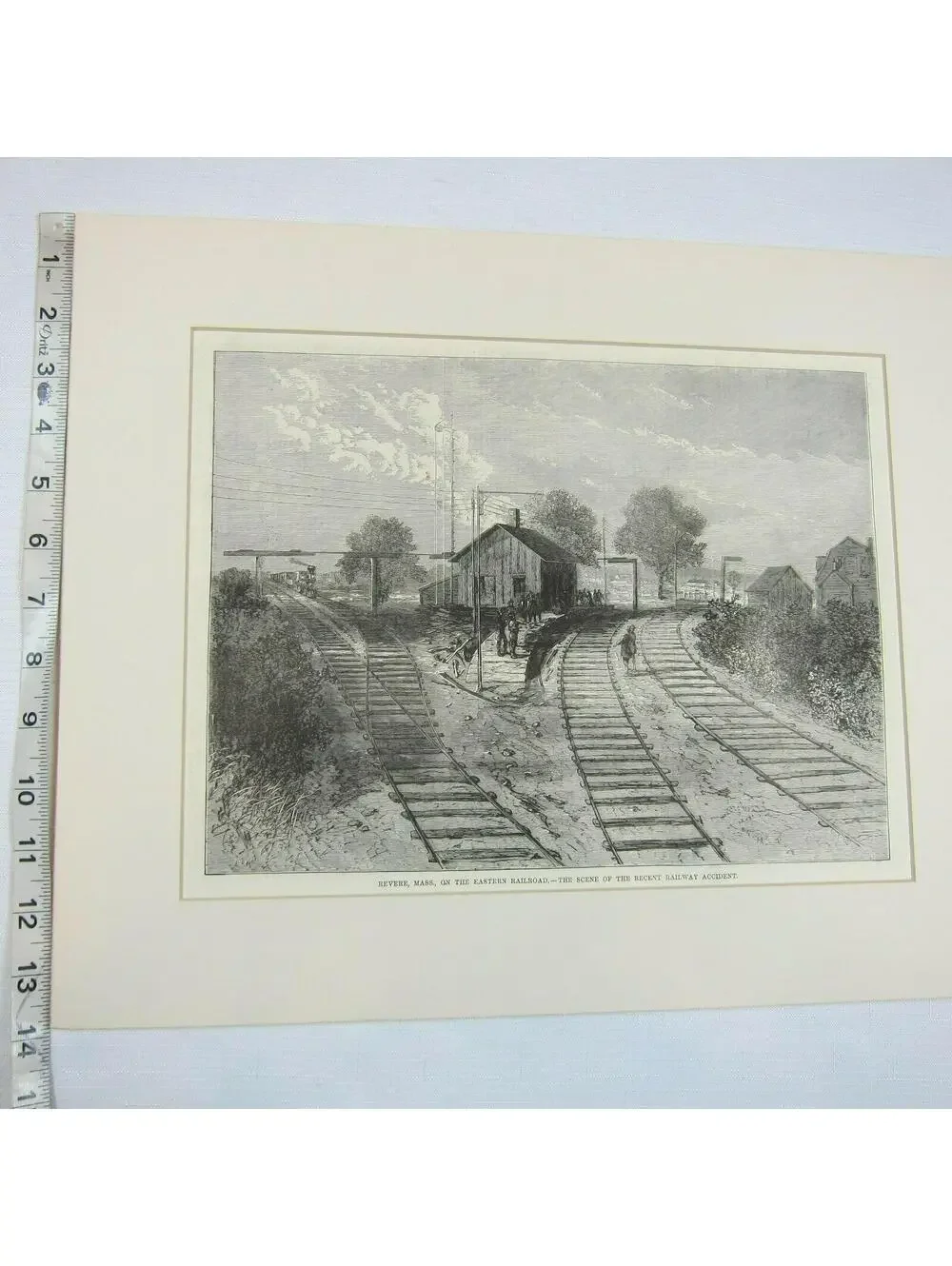 Antique 1871 Wood Engraved Print Revere Massachusetts Railroad Train Wreck Scene